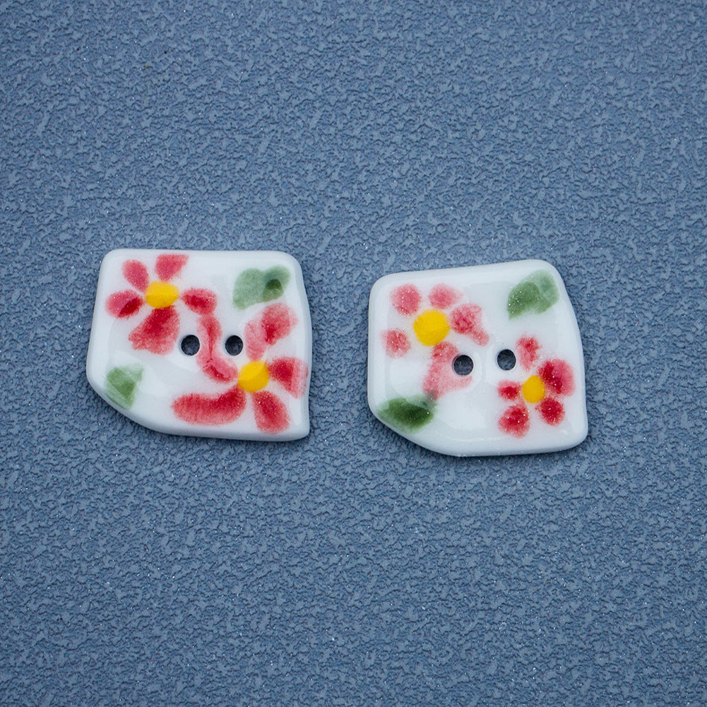 Boutons en céramique peints à la main en forme de fleur en flamme à 2 trous trapézoïdaux 4pcs