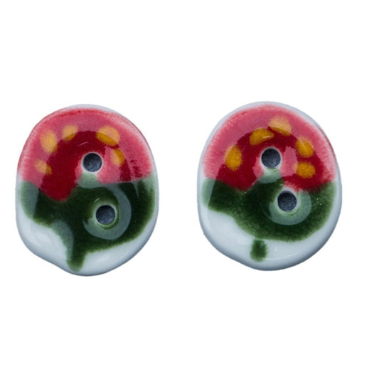 23mm Oval Handmade DIY Ceramic Buttons with Red Green Strawberry Pattern 4pcs