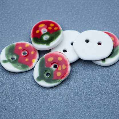 23mm Oval Handmade DIY Ceramic Buttons with Red Green Strawberry Pattern 4pcs