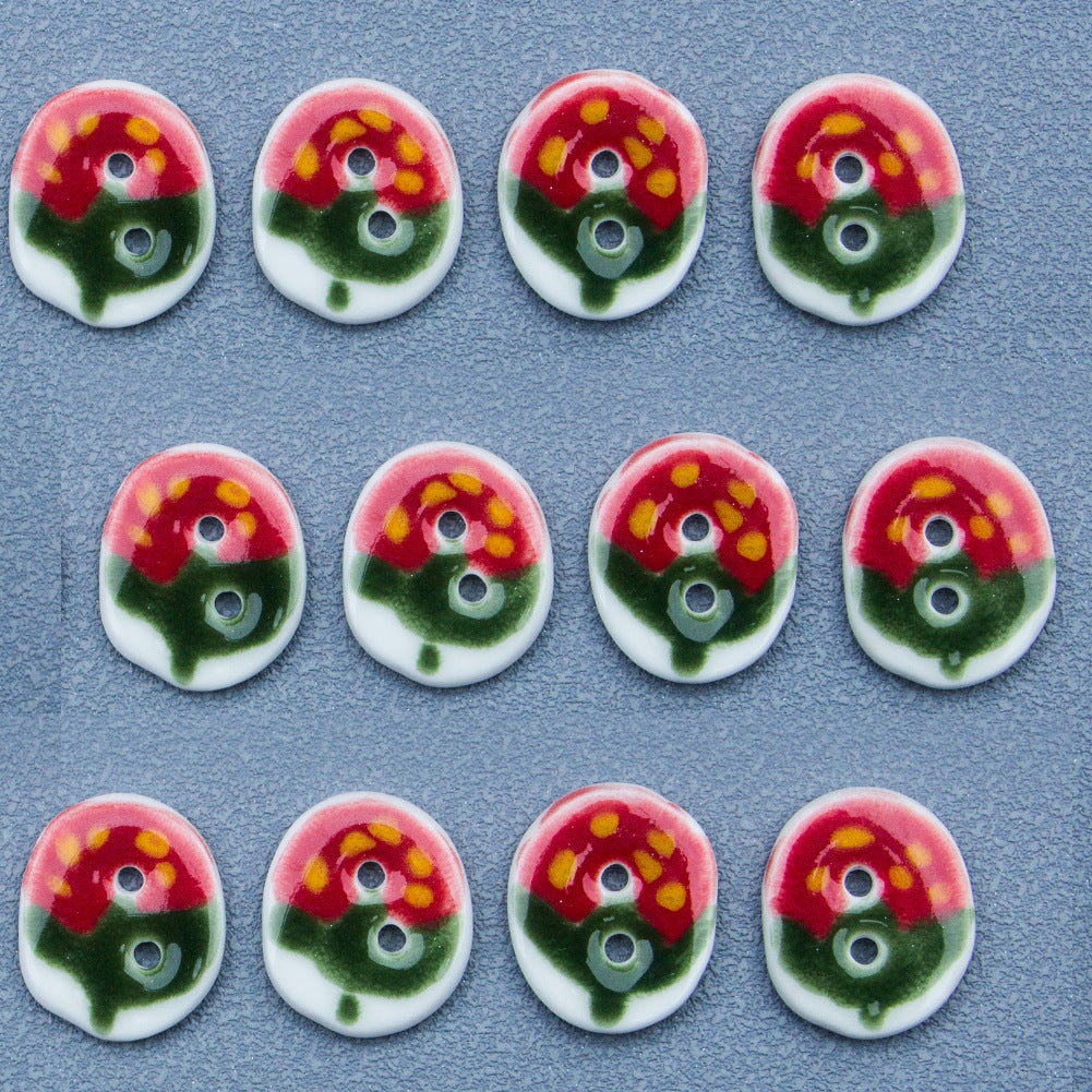 23mm Oval Handmade DIY Ceramic Buttons with Red Green Strawberry Pattern 4pcs