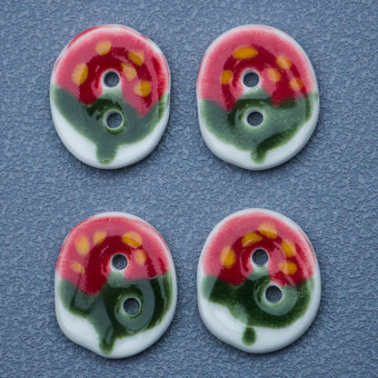 23mm Oval Handmade DIY Ceramic Buttons with Red Green Strawberry Pattern 4pcs