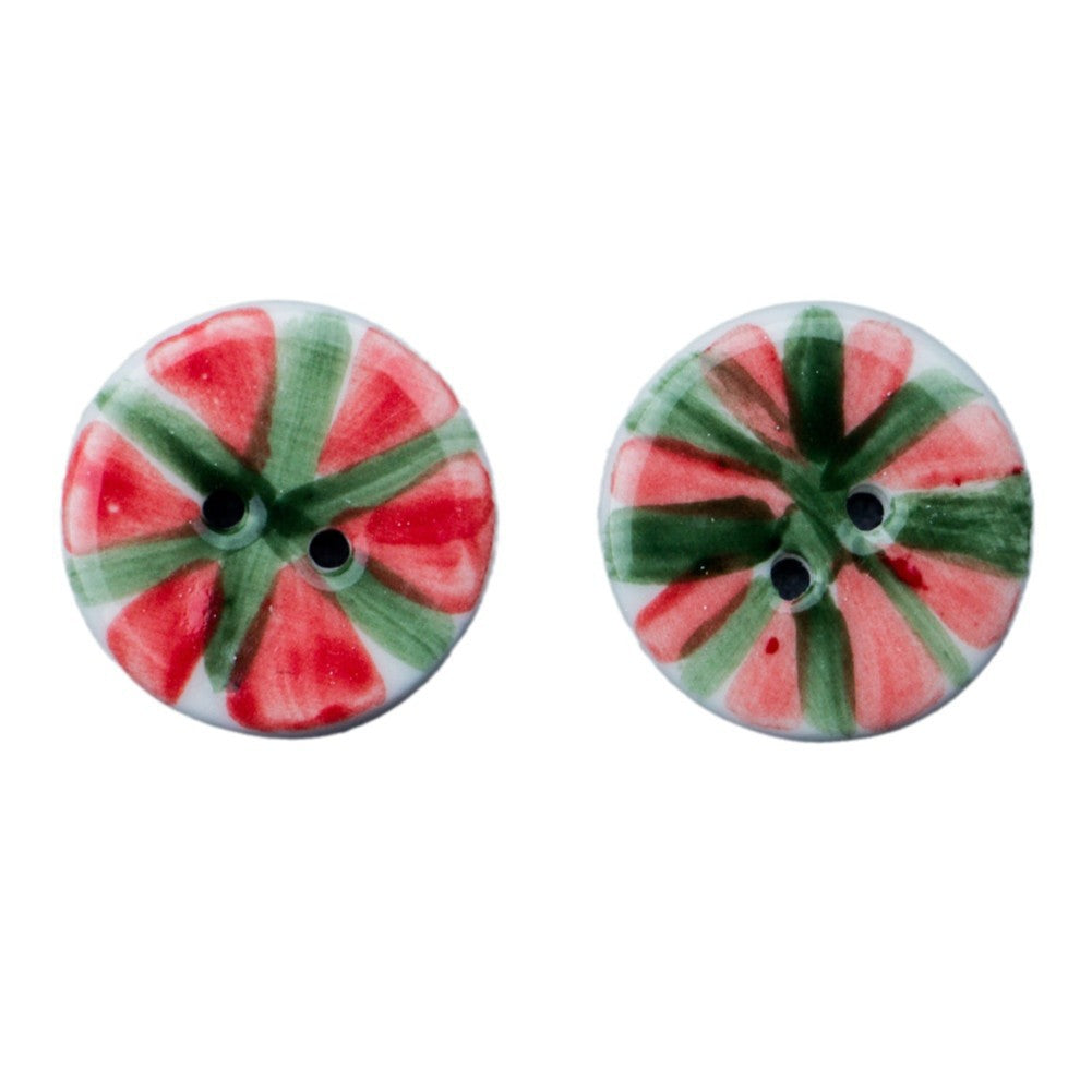 Botões Cerâmicos Vintage Redondos de Melancia 20mm em Vermelho e Verde com 2 Furos 10pcs