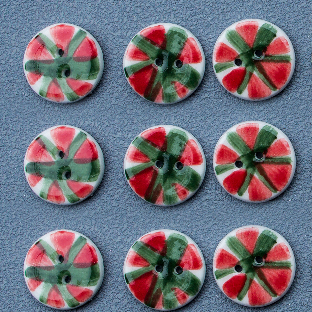 20mm Bottoni Ceramica Vintage Rotondi Acqua Melone 2 Fori Rosso e Verde 10pcs