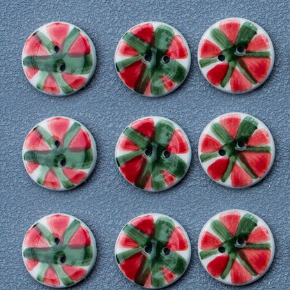 Botões Cerâmicos Vintage Redondos de Melancia 20mm em Vermelho e Verde com 2 Furos 10pcs