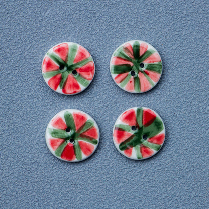 20mm Red and Green Vintage Round Watermelon 2 Hole Ceramic Buttons 10pcs