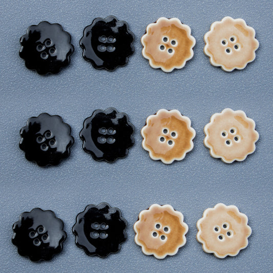 30mm Round Laced 4 Hole Black and Khaki Handmade Ceramic Buttons 6pcs