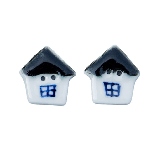 22mm Black and White Small House 2 Hole Hand Painted Ceramic Buttons 10pcs