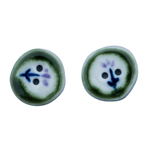 20mm Irregular Round Green Flower Hand-Painted Ceramic Buttons 4pcs