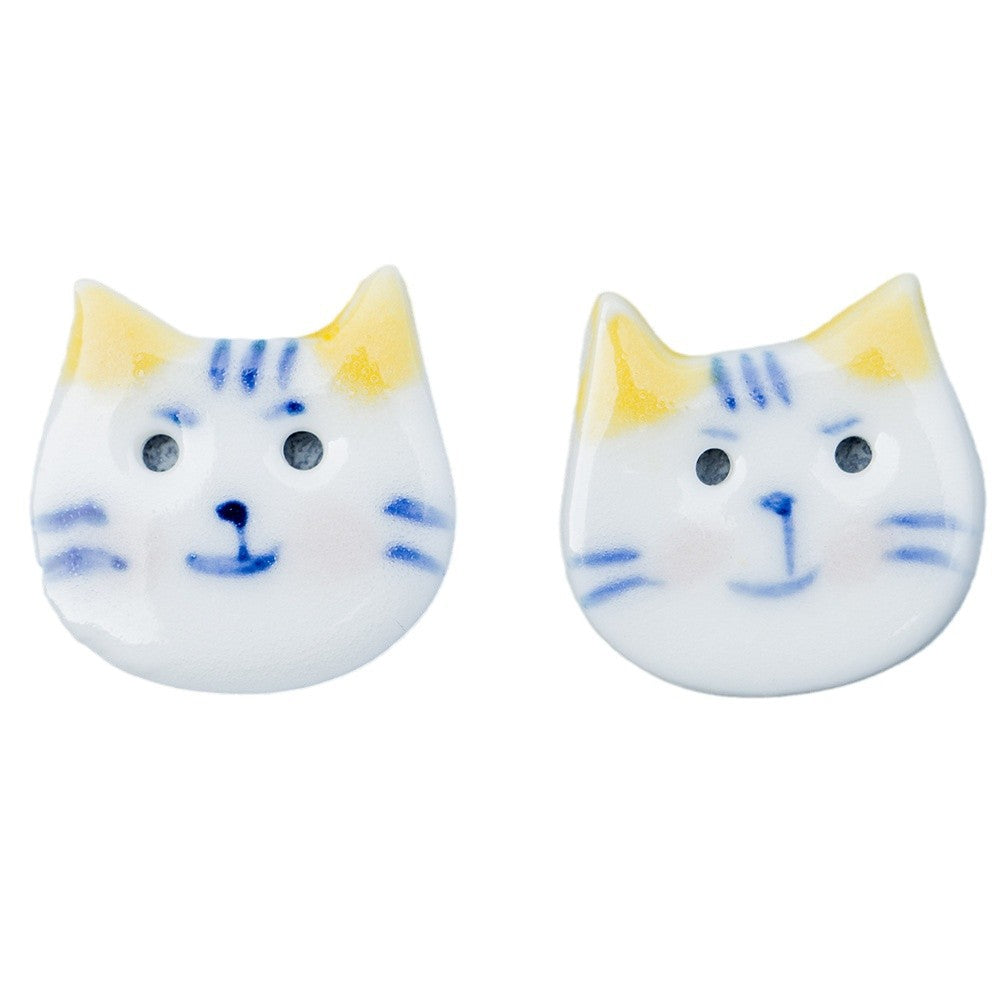 22mm Hand Painted Blue and White Pointy Eared Cat Ceramic DIY Decoration Button 10pcs