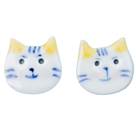 Botón de cerámica de gato puntiagudo pintado a mano en azul y blanco de 22 mm, decoración DIY, 10 piezas