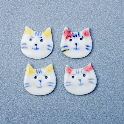 22mm Hand Painted Blue and White Pointy Eared Cat Ceramic DIY Decoration Button 10pcs