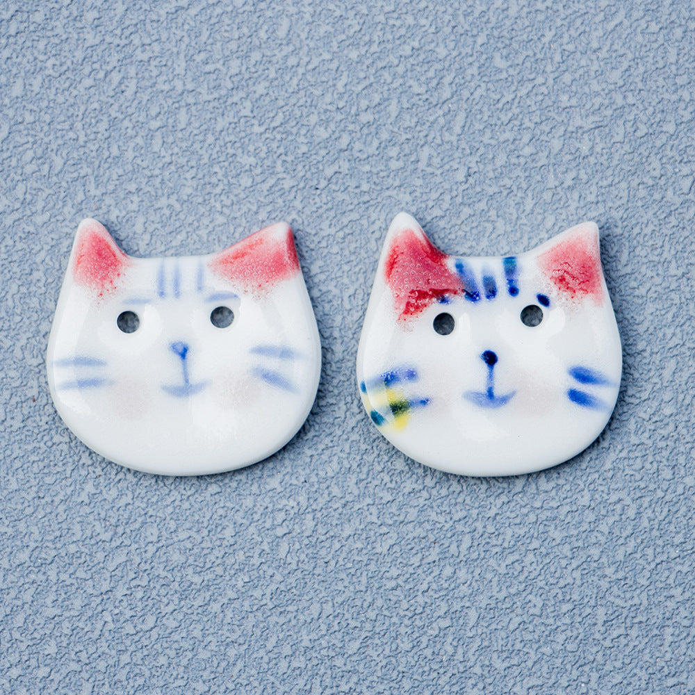 22mm Hand Painted Blue and White Pointy Eared Cat Ceramic DIY Decoration Button 10pcs