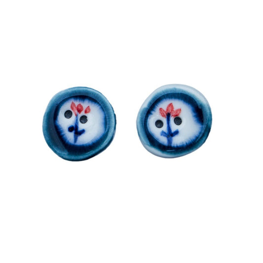 Boutons en céramique ronds irréguliers de 20 mm, bleu foncé, avec fleur rouge peinte à la main, 6 pièces