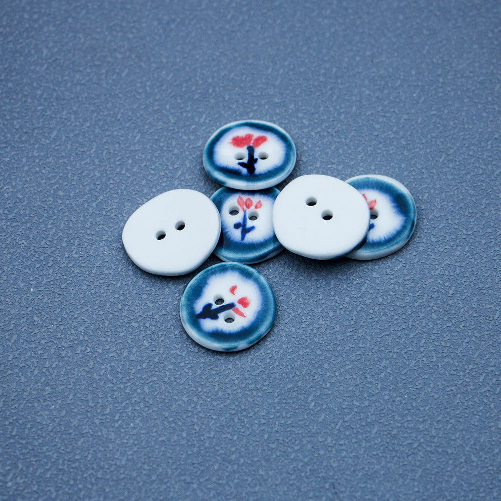 20mm Irregular Round Dark Blue Ceramic Buttons with Hand-painted Red Flower 6pcs