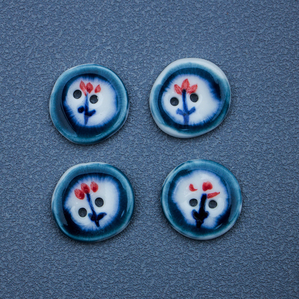 20mm Irregular Round Dark Blue Ceramic Buttons with Hand-painted Red Flower 6pcs