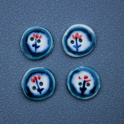 20mm Irregular Round Dark Blue Ceramic Buttons with Hand-painted Red Flower 6pcs