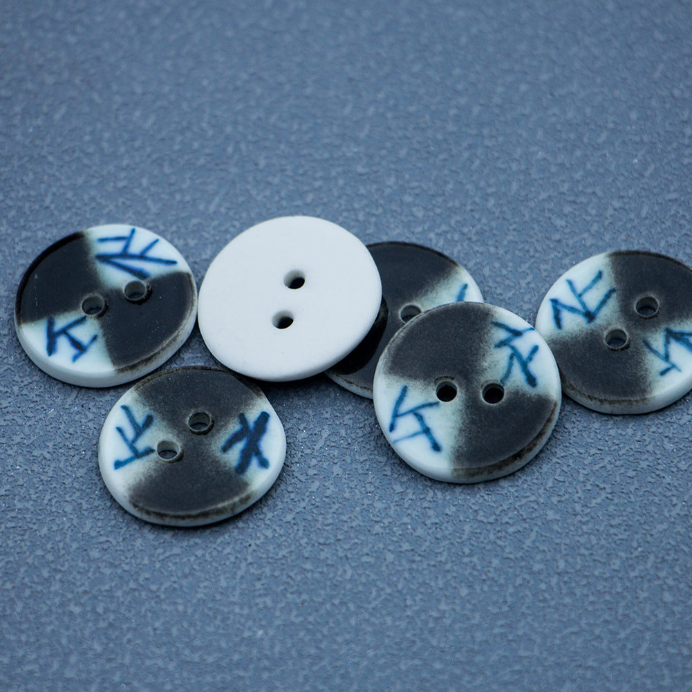 20mm Blue and White Lattice & Black Mixed Retro Ceramic Buttons 4pcs