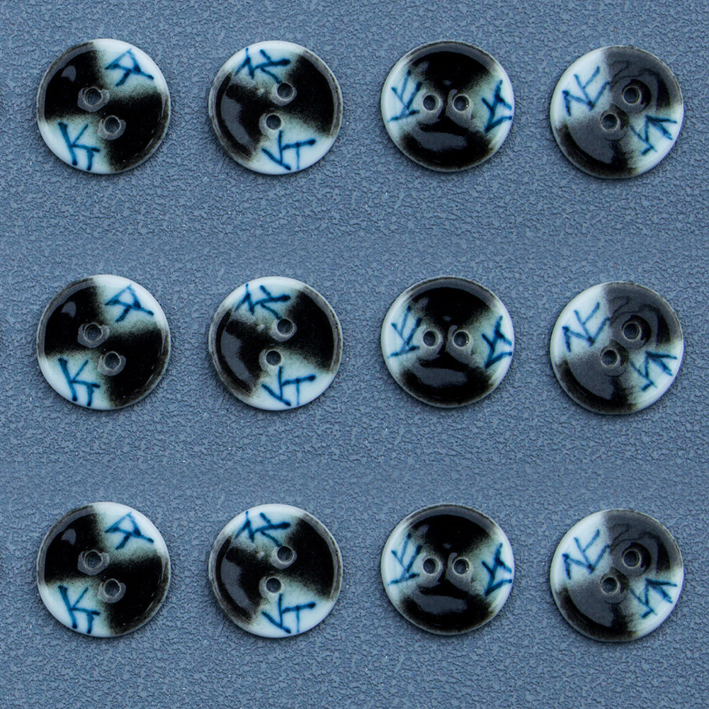 20mm Blue and White Lattice & Black Mixed Retro Ceramic Buttons 4pcs