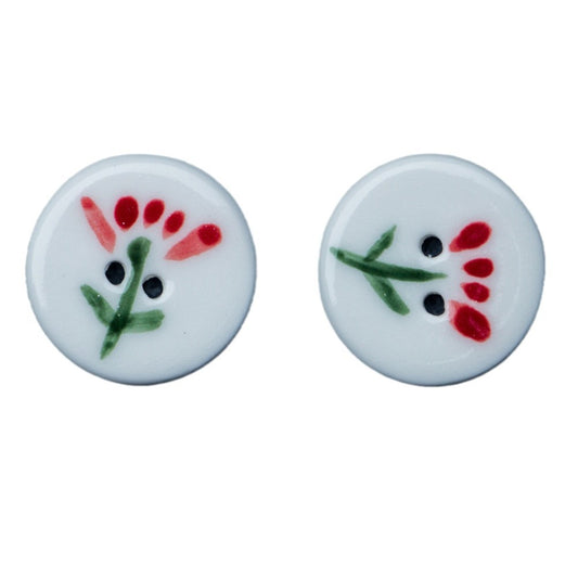 20mm Round White 2 Hole Ceramic Buttons with a Small Red Flower Design 4pcs