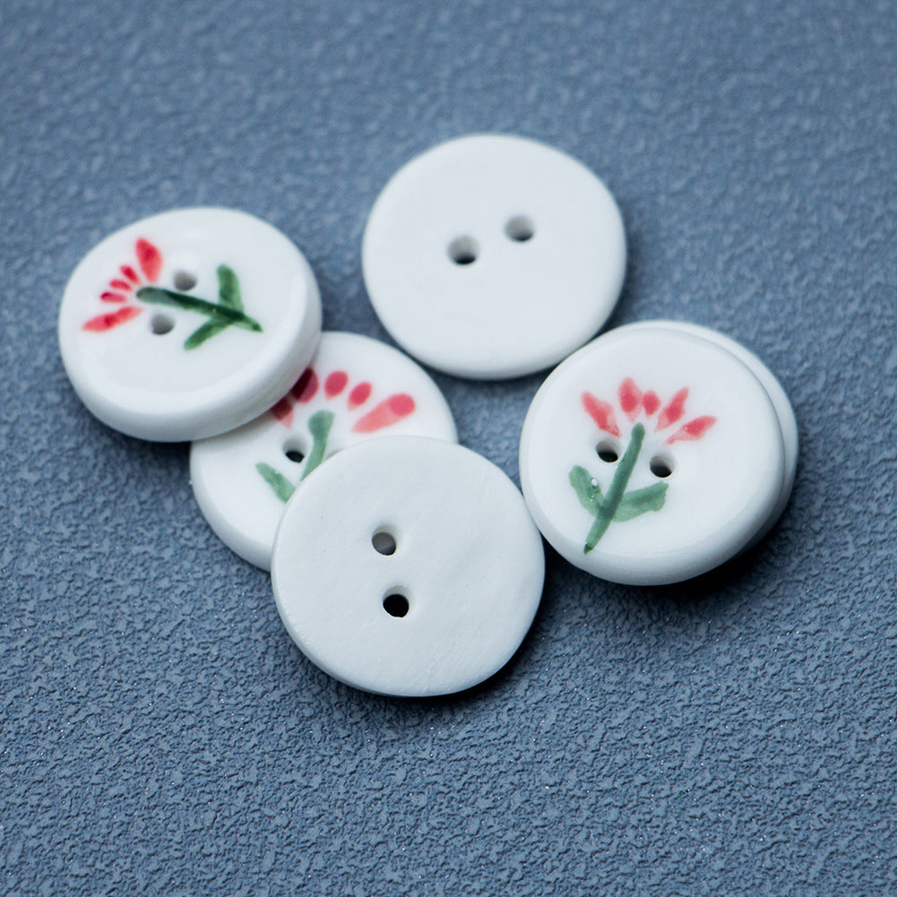 Botones de cerámica blancos redondos de 20 mm con diseño de pequeña flor roja 4 piezas