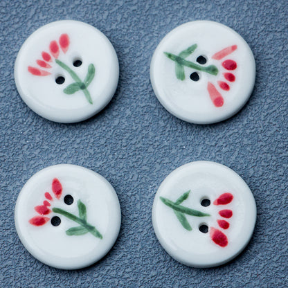 20mm Round White 2 Hole Ceramic Buttons with a Small Red Flower Design 4pcs