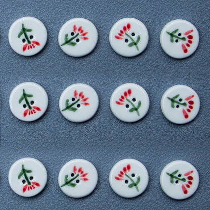 20mm Round White 2 Hole Ceramic Buttons with a Small Red Flower Design 4pcs