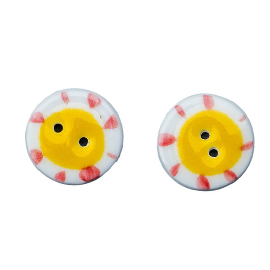 20mm Round 2-Hole Ceramic Buttons with Yellow Sun Pattern 6pcs