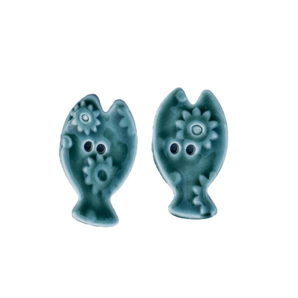 33mm Bottoni in Ceramica a Forma di Pesce Verde Muschio Colorato con 2 Fori Fai da Te 6pz