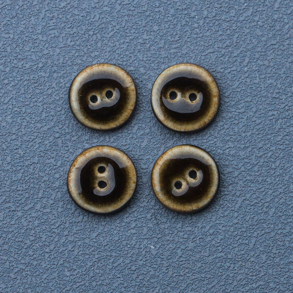 Boutons en céramique faits main émaillés marron foncé de 16 mm, 2 trous, 6 pièces