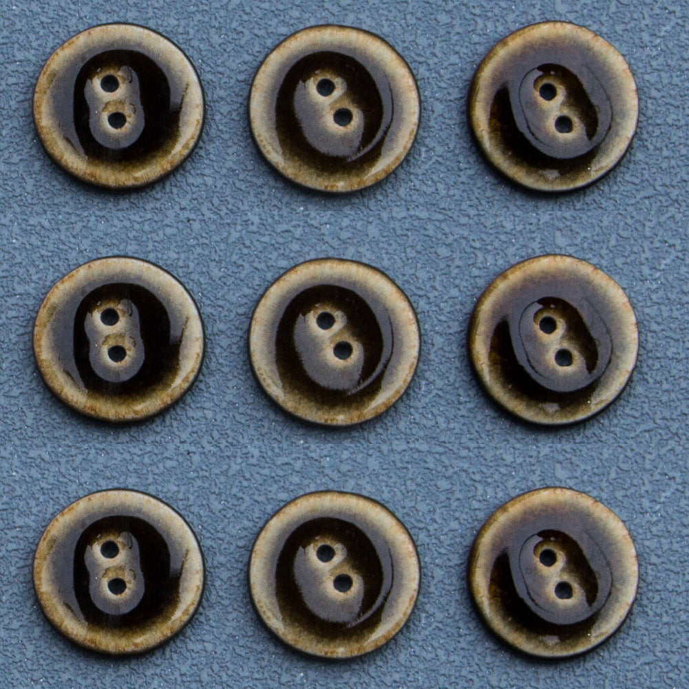 Boutons en céramique faits main émaillés marron foncé de 16 mm, 2 trous, 6 pièces