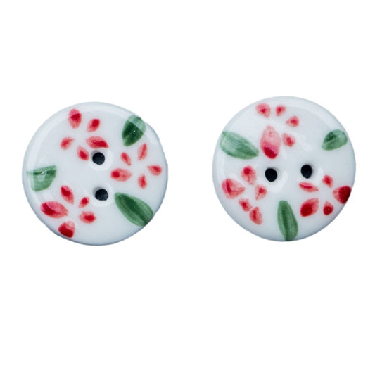 19.5mm Round 2 Hole Handmade Ceramic Buttons with Red Flowers 6PCS