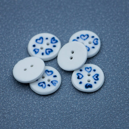 15,6 mm Tondi Bottoni in Ceramica Cuore Dipinti a Mano Blu e Bianchi 6 pezzi