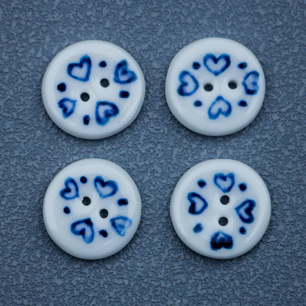 15.6mm Round Hand Painted Blue and White Porcelain Heart Ceramic Buttons 6pcs