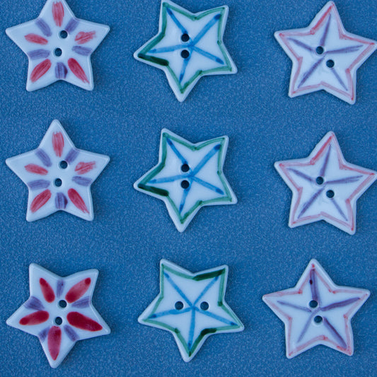 30mm Hand Painted Red Purple Matchstick Patterned Star-Shaped Ceramic Buttons 6pcs