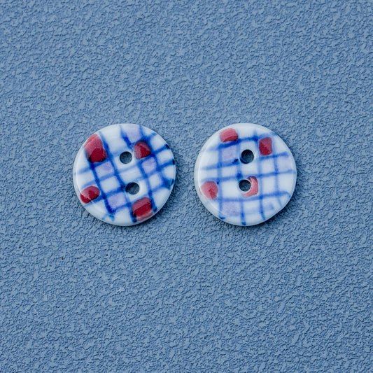 17.5mm Round 2 Hole Hand-Painted Blue Plaid Ceramic Buttons 6PCS