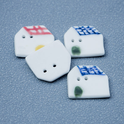 23mm Red/Blue Tile-roofed Small House Handmade Ceramic Button 2pcs