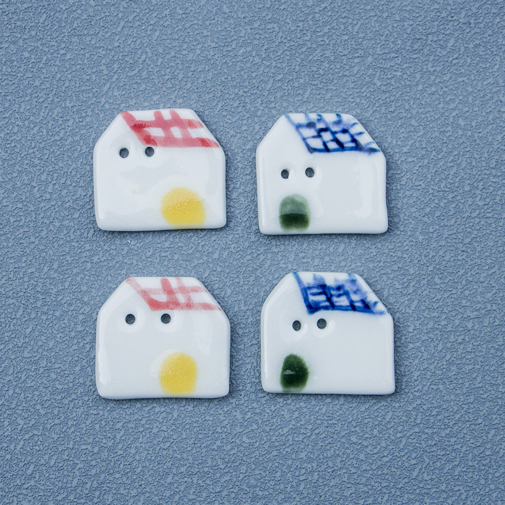 23mm Red/Blue Tile-roofed Small House Handmade Ceramic Button 2pcs