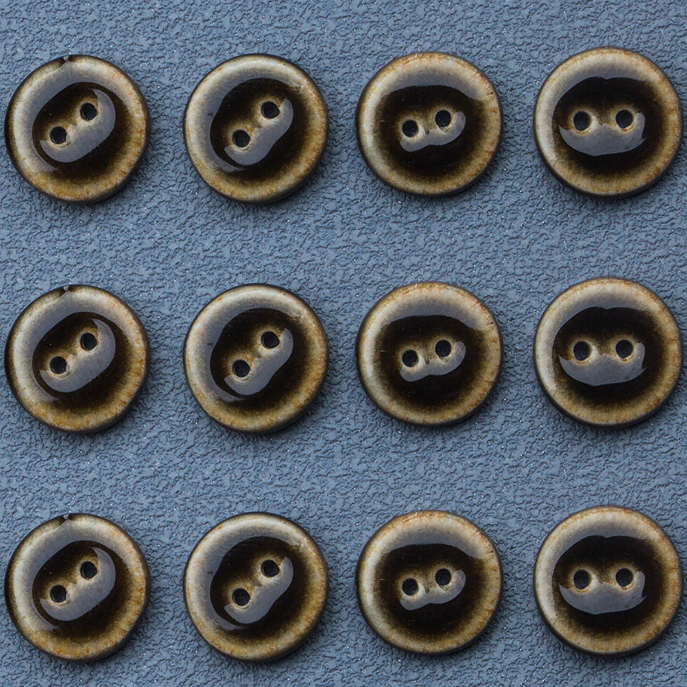 Boutons en céramique émaillée faits main de 14 mm, ronds, 2 trous, noirs et marron, 10 pièces