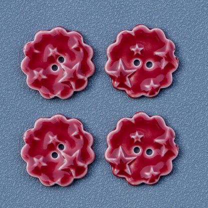 30mm Red Round Laced 2 Hole Star Patterned Handmade Ceramic Buttons 6pcs