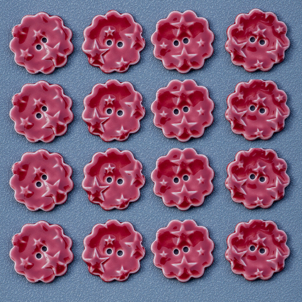 30mm Red Round Laced 2 Hole Star Patterned Handmade Ceramic Buttons 6pcs