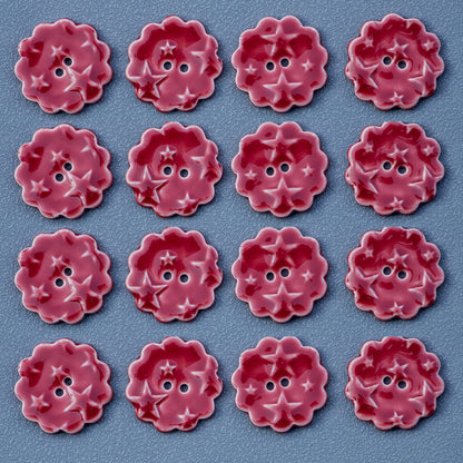 30mm Red Round Laced 2 Hole Star Patterned Handmade Ceramic Buttons 6pcs