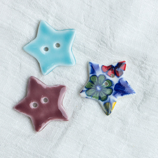 30mm Burgundy and Light Blue Star Shaped 2 Hole Handmade Ceramic Buttons 10pcs