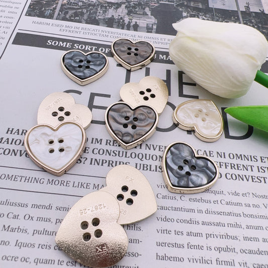 25mm Pearlized Resin Heart Shaped 4-Hole Metal Buttons 50pcs