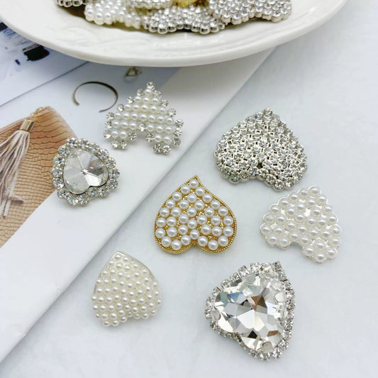 Boutons de manteau en métal à tige, en forme de cœur, avec strass et perles, pack de 49