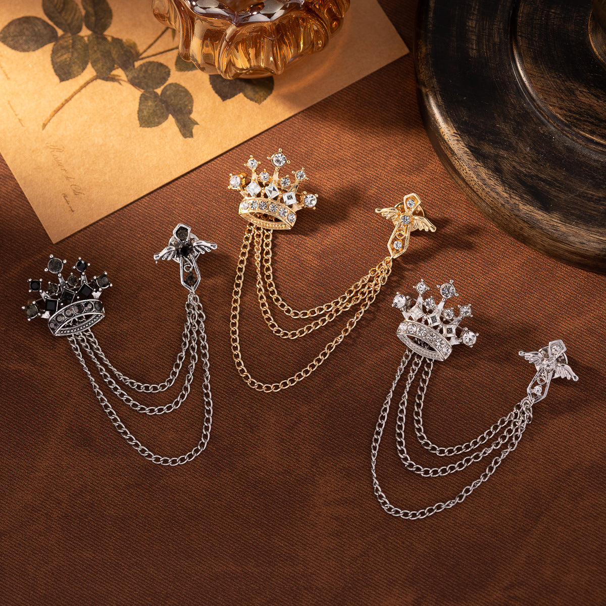 Men's Crown Chain Metal Brooch Pin 3pcs