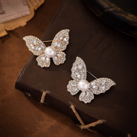 All-Diamond Pearl Butterfly Brooch Gull og Sølv 4 Pakke