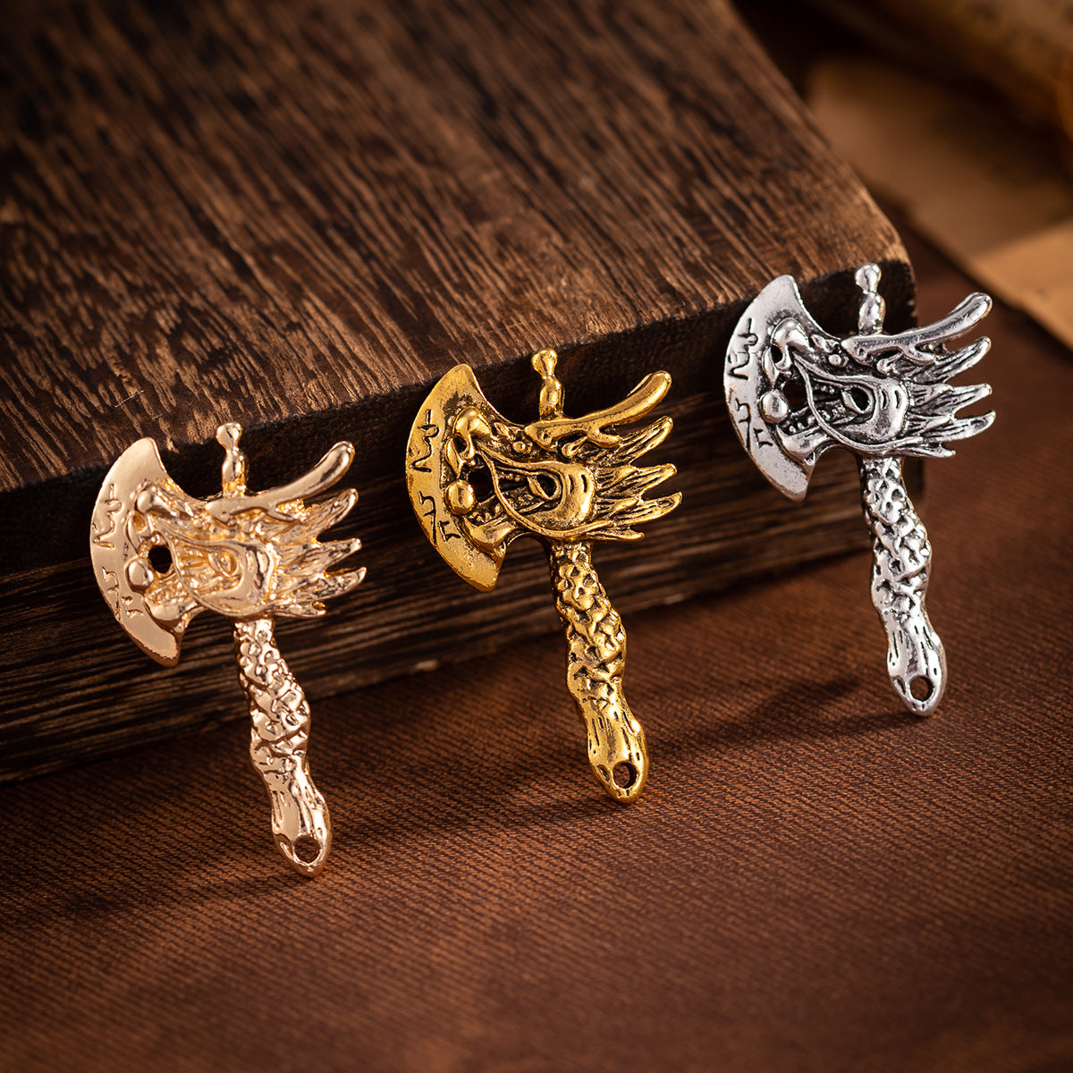 Chinese Vintage Distressed Men's Dragon Head Axe Brooch 3 Pack