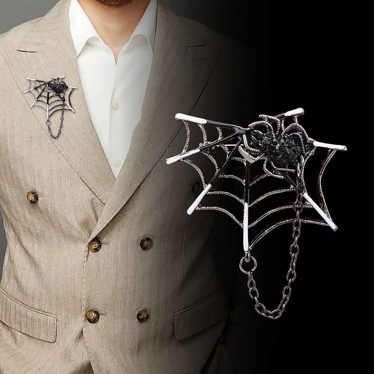 Broche Criativo de Teia de Aranha Incrustada com Diamantes Prateados com Corrente 3pcs