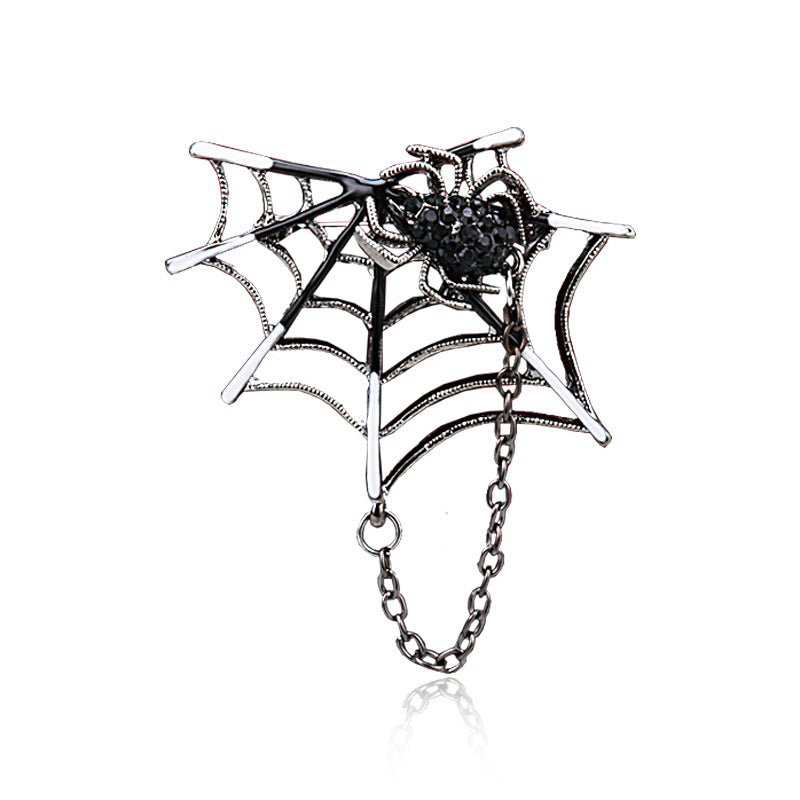 Broche Criativo de Teia de Aranha Incrustada com Diamantes Prateados com Corrente 3pcs