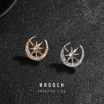 Broche en forme de lune et d'étoile à huit branches en or, argent et diamant de 1,8 cm - 6 pièces